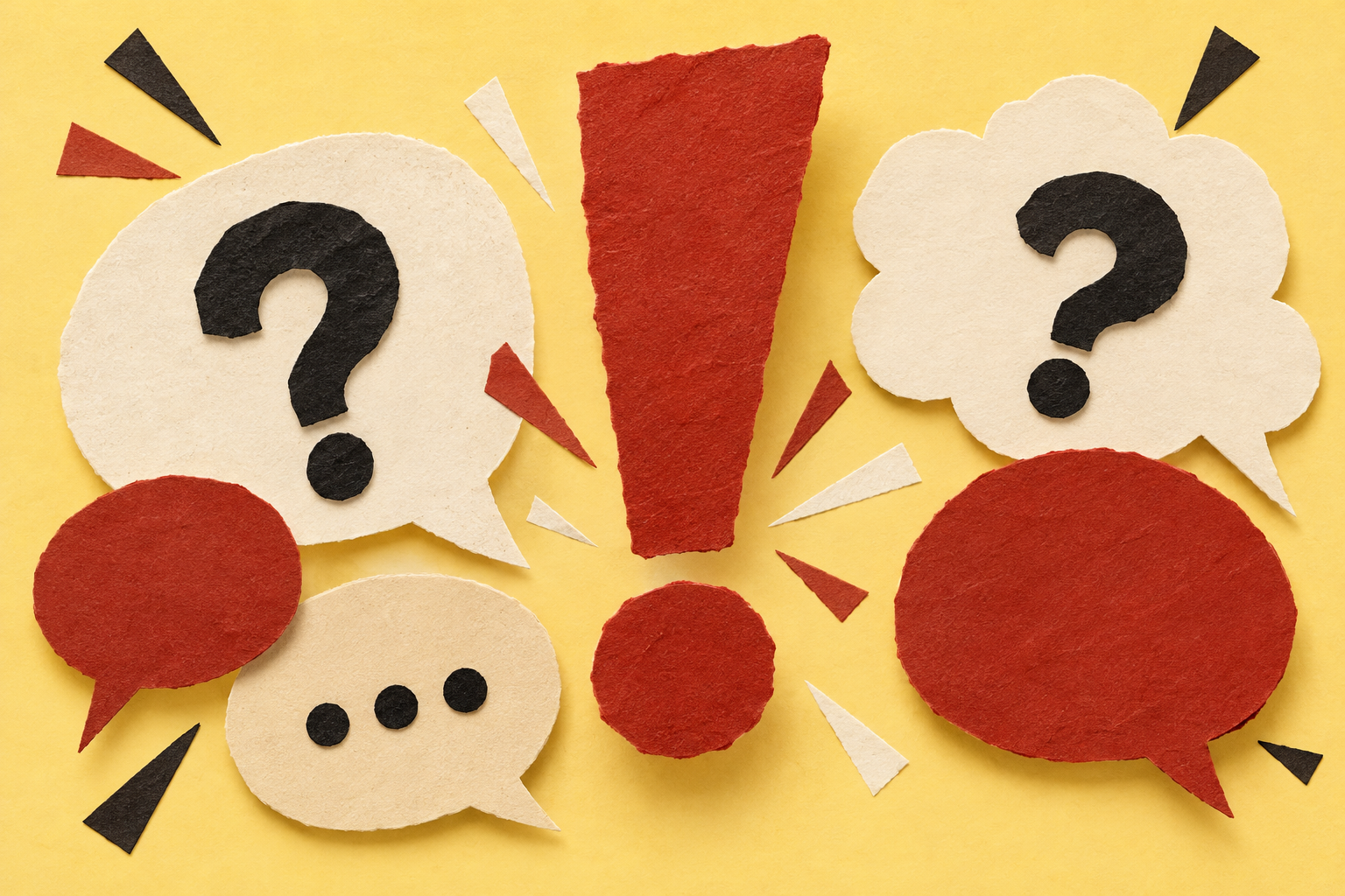 bold cut paper speech bubbles, red exclamation mark and black punctuation on butter yellow, editorial pop art, no words